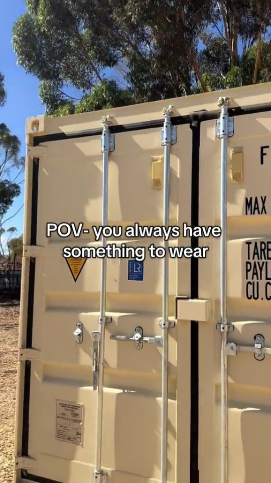 A beige shipping container used as a clothing storage unit; text overlay reads "POV - you always have something to wear".