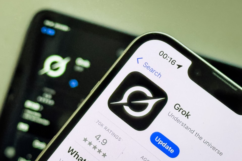 Photo illustration of a smartphone displaying the Grok AI app page on the App Store.