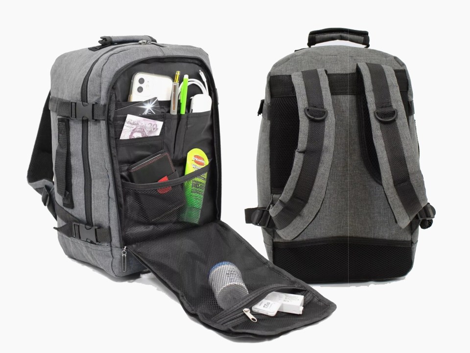 Gray backpack with multiple compartments shown open and closed.
