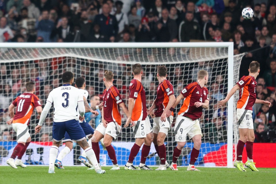 Reece James of England scoring a goal during a soccer match.