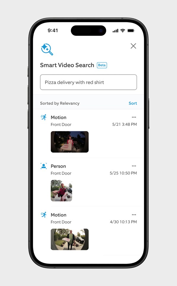 Smartphone screen showing smart video search results for "pizza delivery with red shirt".