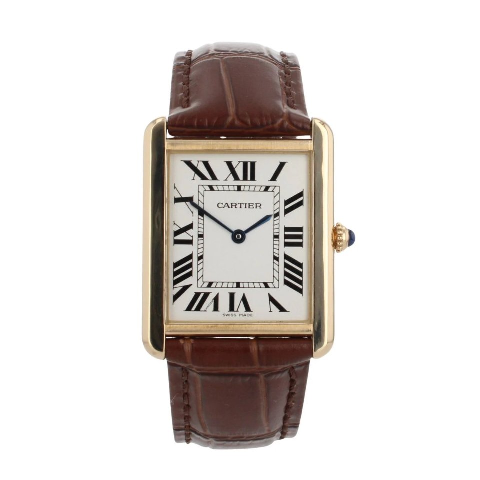 Cartier Tank Solo watch with brown leather band.