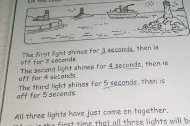 Illustration of a math problem about three lighthouses flashing at different intervals.