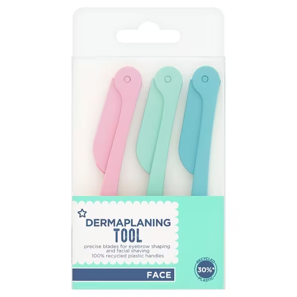 Package of three pastel-colored dermaplaning tools.