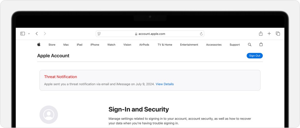Apple account threat notification.