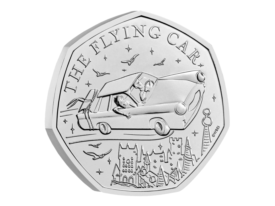 50 pence coin depicting the flying car from Harry Potter.