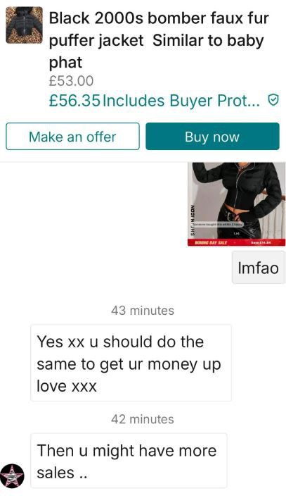 Screenshot of a Vinted listing for a black 2000s bomber jacket and comments about reselling.