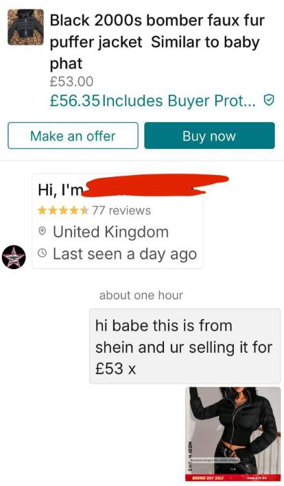 Screenshot of a Vinted listing for a black 2000s bomber jacket, with a comment calling out the seller for reselling a Shein item.