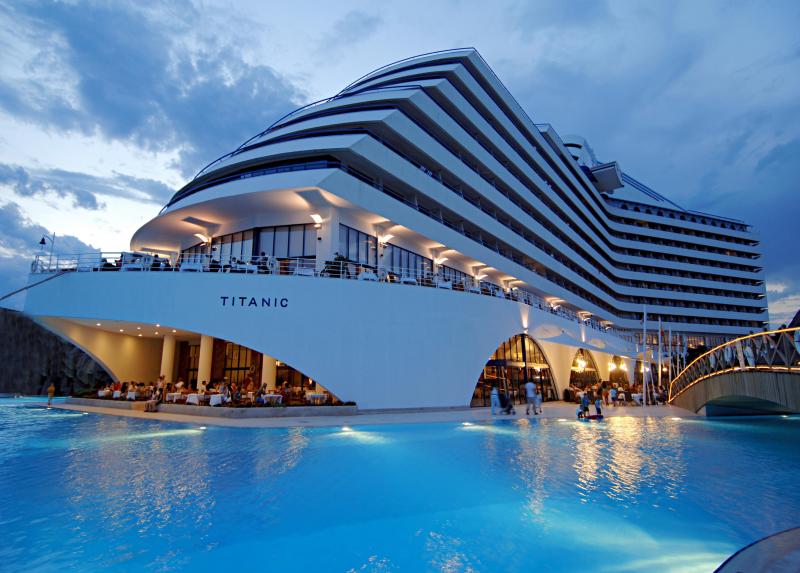 Titanic Hotel at night.
