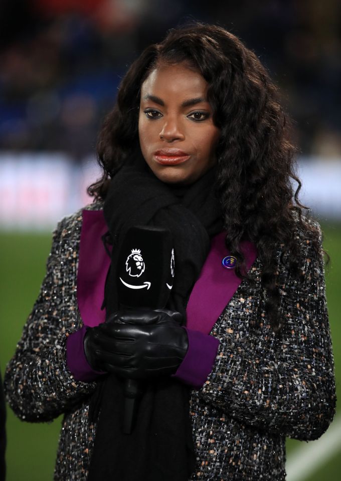 Eni Aluko holding a Premier League microphone.