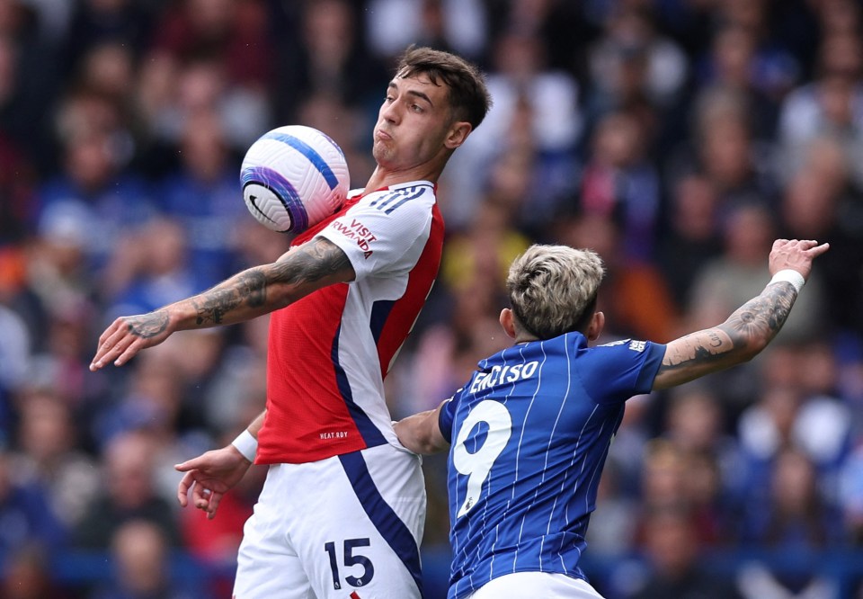 Arsenal's Jakub Kiwior in action during a soccer match.