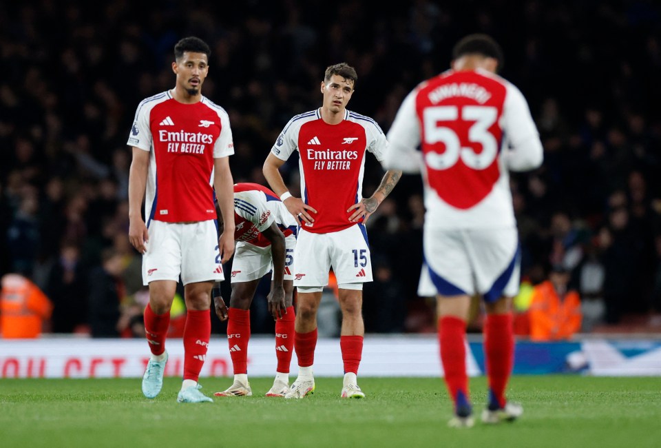 Arsenal players William Saliba and Jakub Kiwior looking dejected after a match.