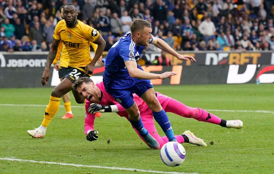 Jamie Vardy of Leicester City fouled for a penalty by Jose Sa of Wolverhampton Wanderers.