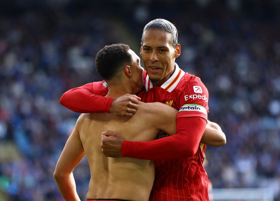 Trent Alexander-Arnold and Virgil van Dijk celebrating a goal.