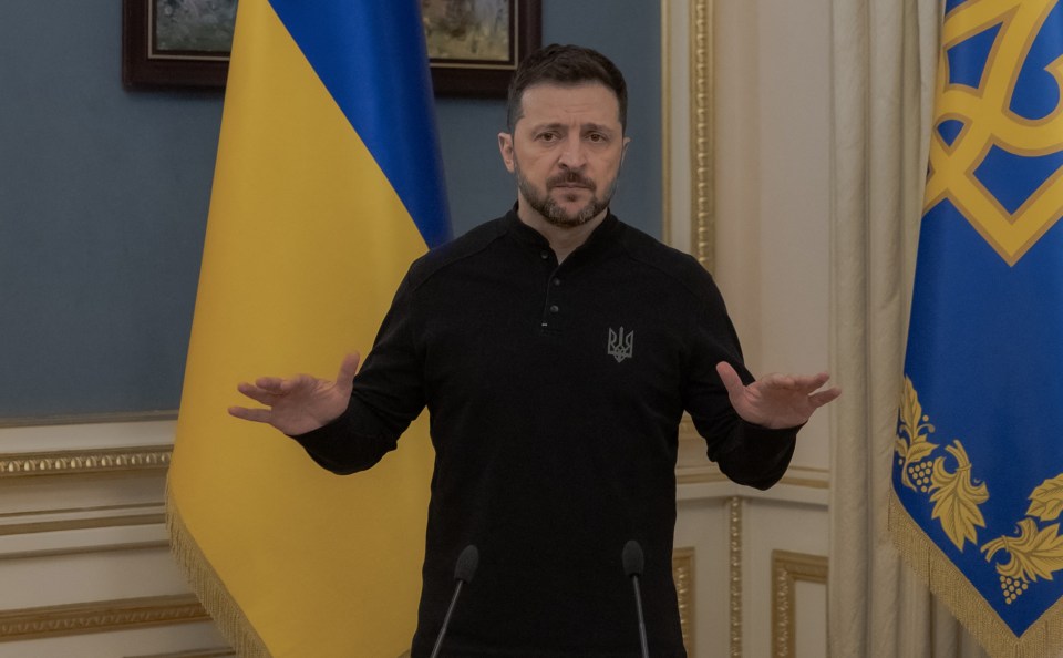 Ukrainian President Volodymyr Zelensky giving a press briefing.
