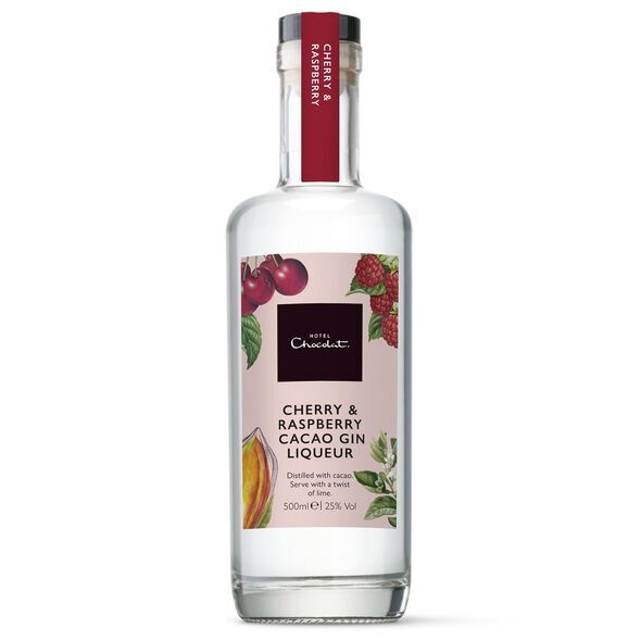Bottle of Hotel Chocolat Cherry & Raspberry Cacao Gin Liqueur.