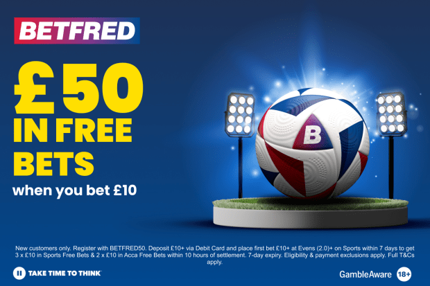 Betfred offer: £50 in free bets when you bet £10. Illustration of a soccer ball under stadium lights.