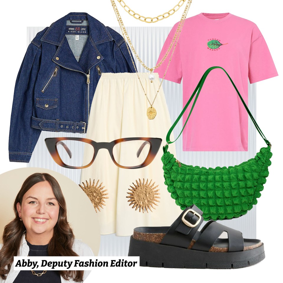 Collage of Abby, Deputy Fashion Editor's outfit: denim jacket, cream skirt, pink t-shirt, green bag, glasses, and sandals.