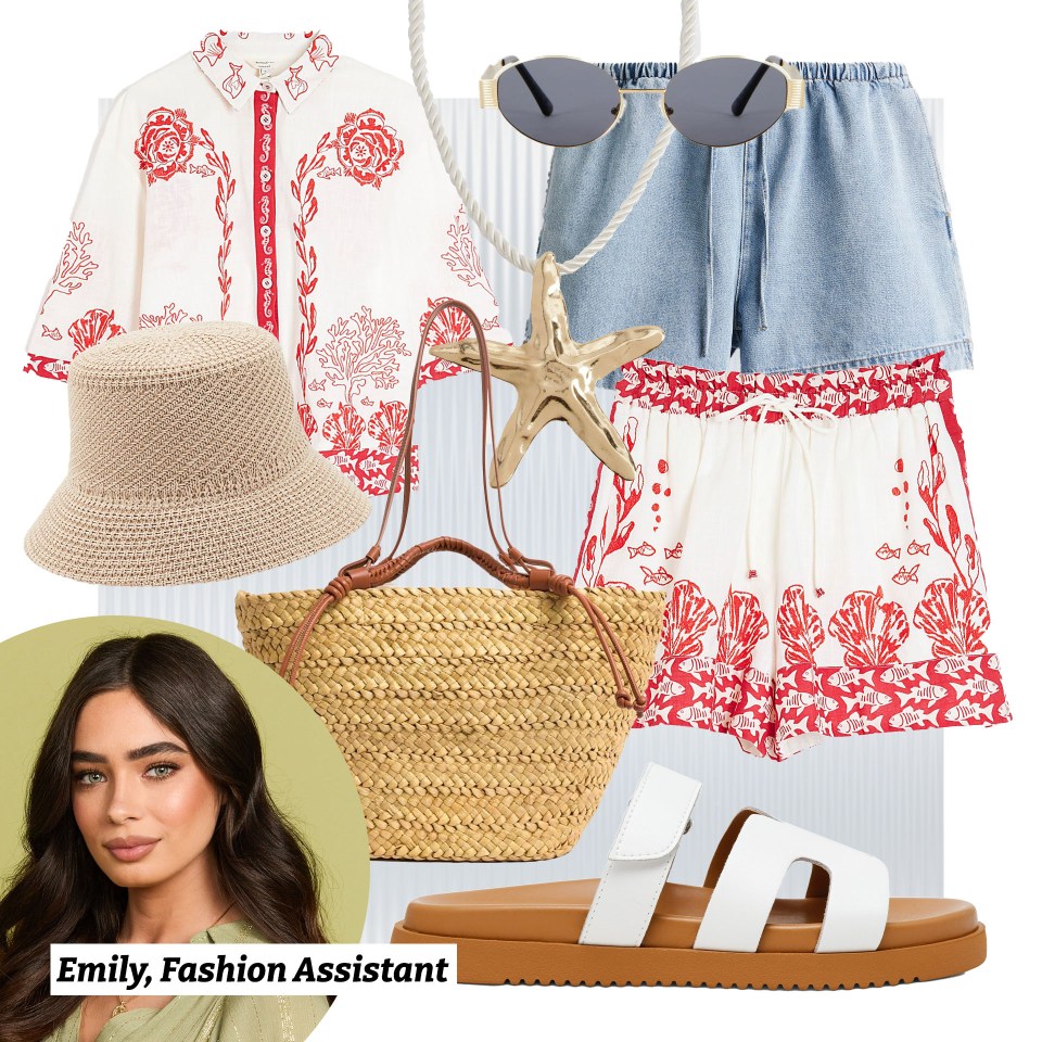 Collage of summer fashion items and Emily, Fashion Assistant.