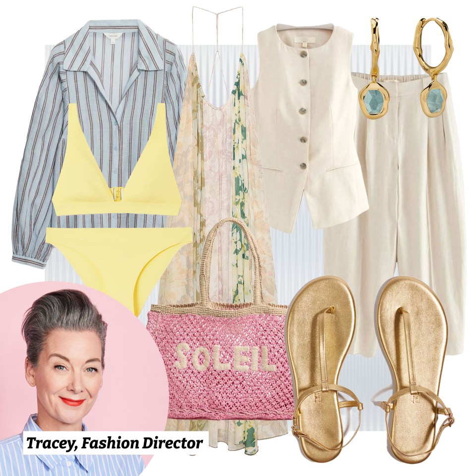Collage of women's summer fashion items and portrait of Tracey, Fashion Director.