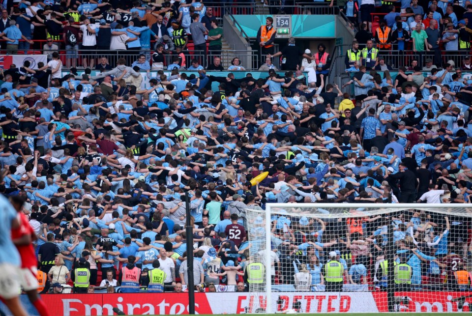 LONDON, ENGLAND - APRIL 27: Manchester City Fans celebrate with the Poznan during the Emirates FA Cup Semi Final match between Nottingham Forest and Manchester City at Wembley Stadium on April 27, 2025 in London, England. (Photo by Ed Sykes/Sportsphoto/Allstar via Getty Images)