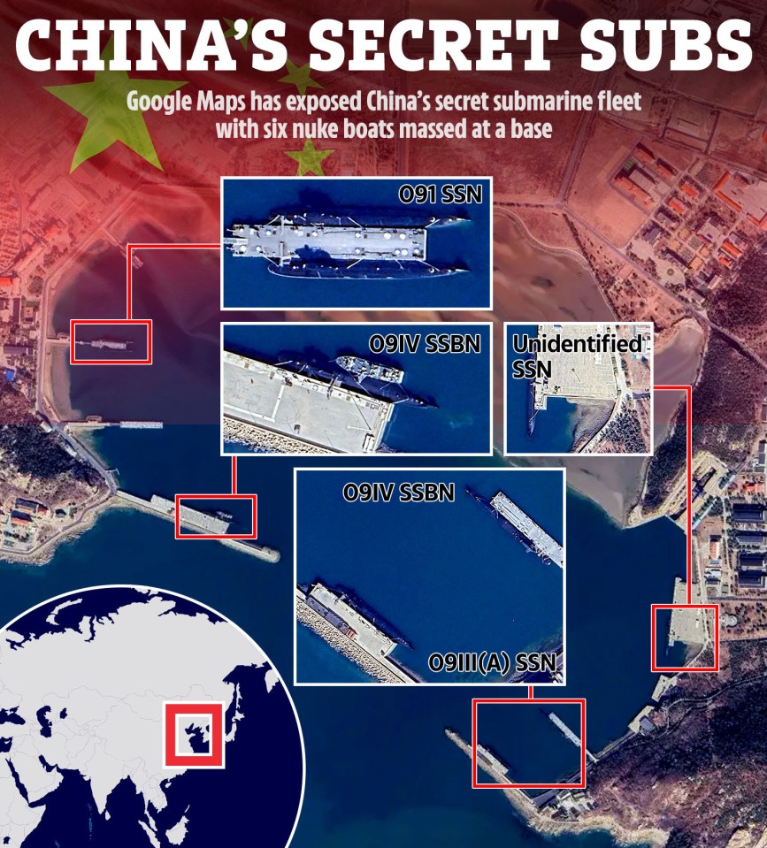 Illustration of Google Maps satellite imagery showing six Chinese submarines at a naval base.