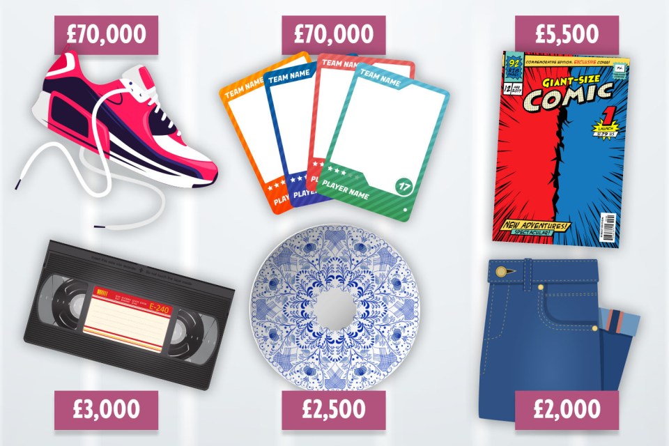 Illustration of various items with their prices: sneakers (£70,000), trading cards (£70,000), comic book (£5,500), VHS tape (£3,000), plate (£2,500), and jeans (£2,000).