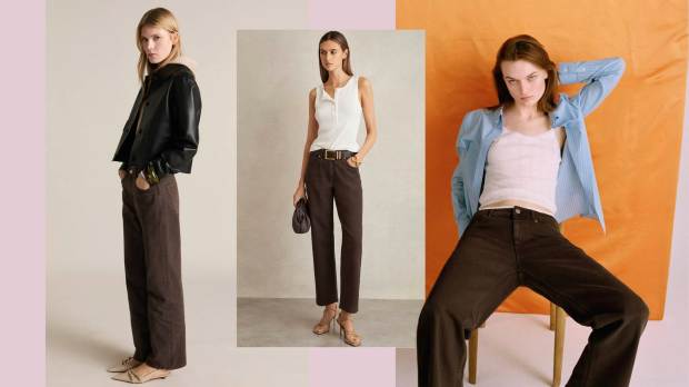 Collage of women modeling brown jeans.