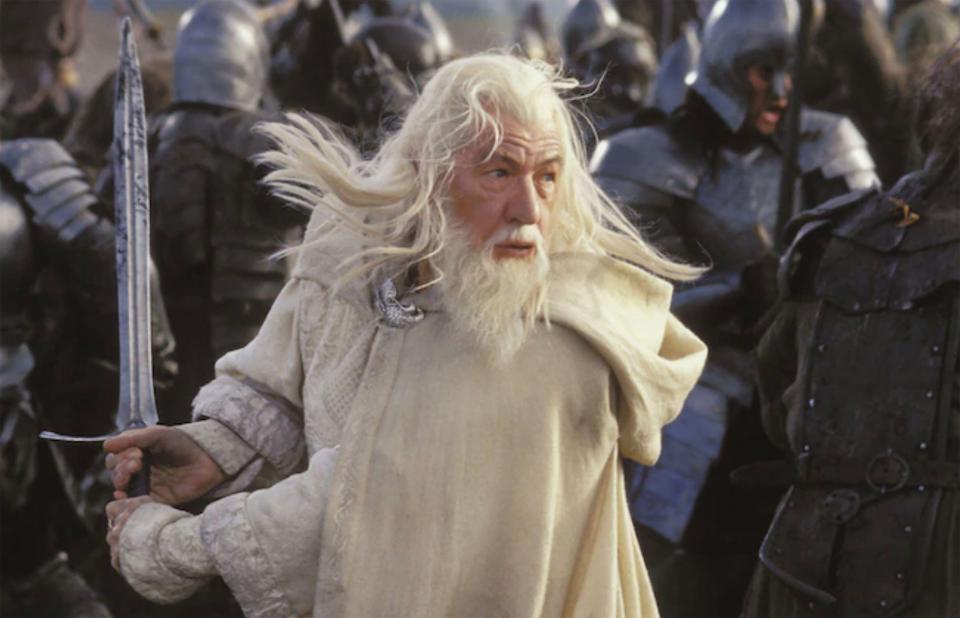 Gandalf from *The Lord of the Rings: The Return of the King* holding a sword.