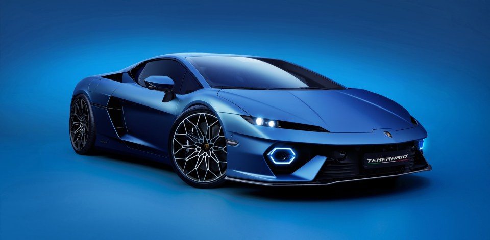 Blue Lamborghini Temerario sports car.