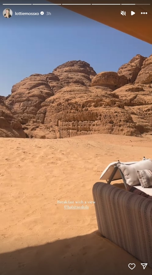 Breakfast with a view of desert mountains.