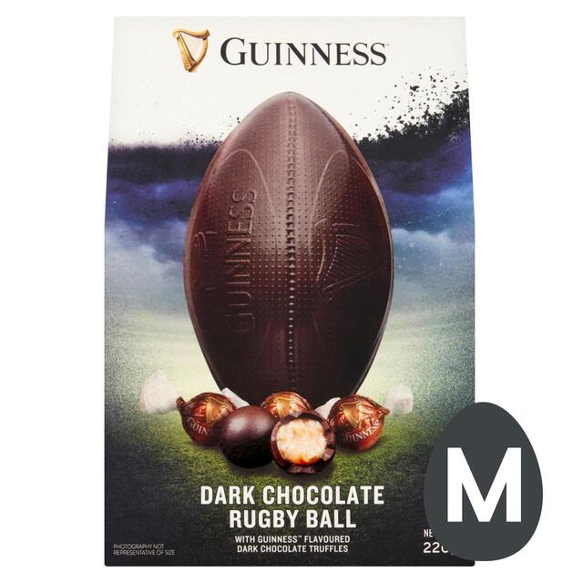 Dark chocolate rugby ball with Guinness-flavored dark chocolate truffles.