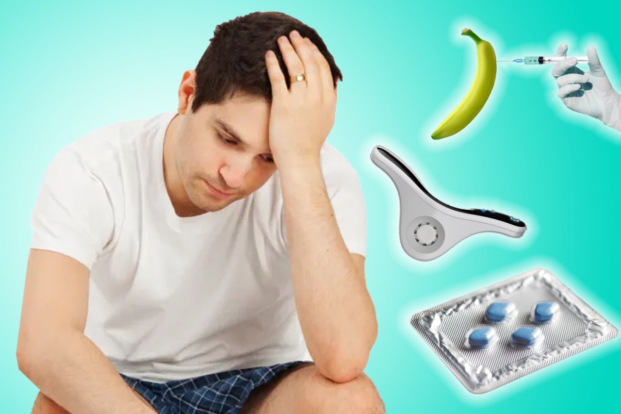 Illustration of a man looking upset with various erectile dysfunction treatments surrounding him.