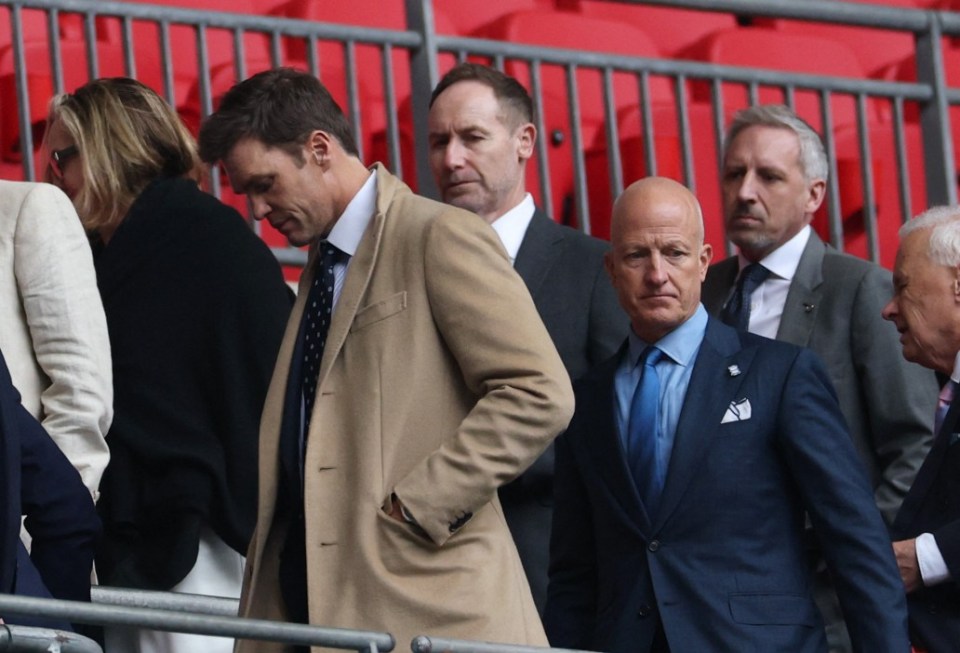Soccer Football - EFL Trophy Final - Birmingham City v Peterborough United - Wembley Stadium, London, Britain - April 13, 2025 Birmingham City minority owner Tom Brady and owner Tom Wagner are pictured at half time Action Images via Reuters/John Sibley