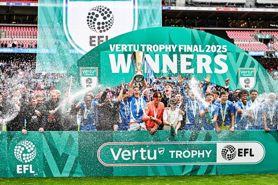 RESTRICTED TO EDITORIAL USE. No use with unauthorized audio, video, data, fixture lists, club/league logos or 'live' services. Online in-match use limited to 120 images, no video emulation. No use in betting, games or single club/league/player publications Mandatory Credit: Photo by MI News/NurPhoto/REX/Shutterstock (15251120dt) Peterborough celebrates the win during the Vertu Trophy Final between Birmingham City and Peterborough at Wembley Stadium in London, England, on April 13, 2025. Birmingham City v Peterborough United: Vertu EFL Trophy Final, London, United Kingdom - 13 Apr 2025