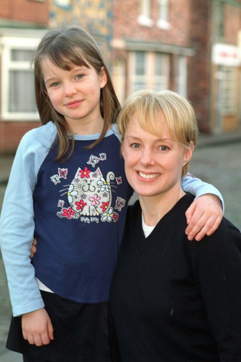 Helen Flanagan and Sally Whittaker, the actress who plays Sally Webster, on the set of Coronation Street.