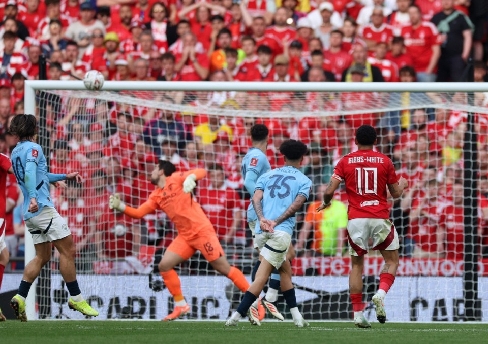 Nottingham Forest's English midfielder #10 Morgan Gibbs-White watches as his shot hits the bar during the English FA Cup semi-final football match between Nottingham Forest and Manchester City at Wembley Stadium in north London on April 27, 2025. (Photo by Adrian Dennis / AFP) / NOT FOR MARKETING OR ADVERTISING USE / RESTRICTED TO EDITORIAL USE (Photo by ADRIAN DENNIS/AFP via Getty Images)