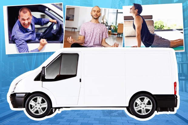 Collage of a white van with images of a man driving angrily, a man meditating, and a man doing yoga.