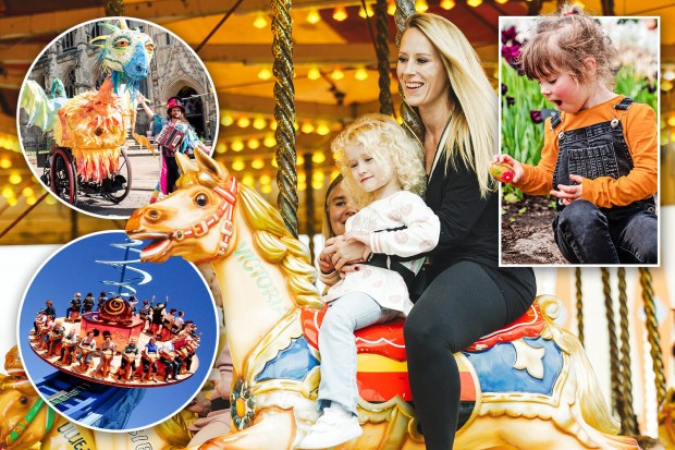 Collage of Easter fun: a dragon puppet, a carousel, children playing, and a family on a carousel horse.