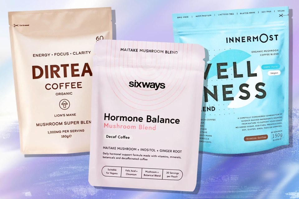 Collage of three mushroom coffee blend pouches.