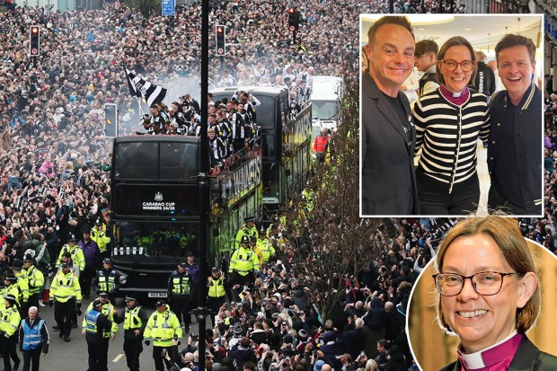 Collage of a victory parade, the winning team on a bus, and photos of Ant &amp; Dec with a bishop.