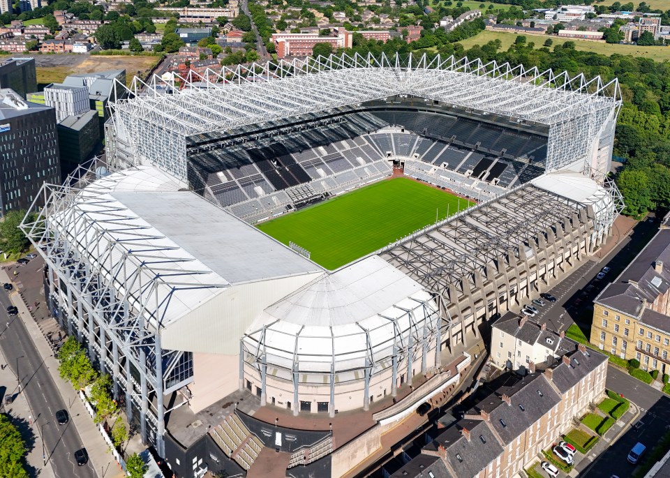 Aerial view of St. James' Park football stadium.