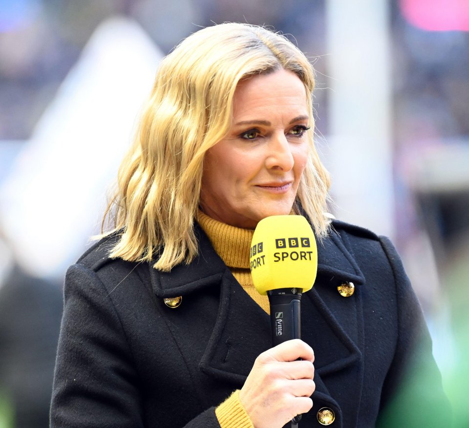 Gabby Logan holding a BBC Sport microphone.
