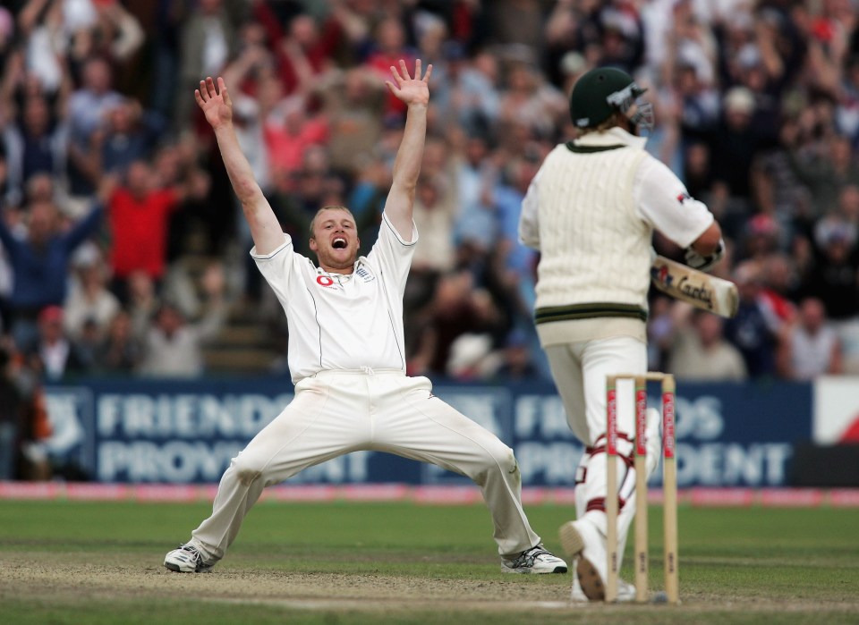 Andrew Flintoff of England celebrates taking a wicket.