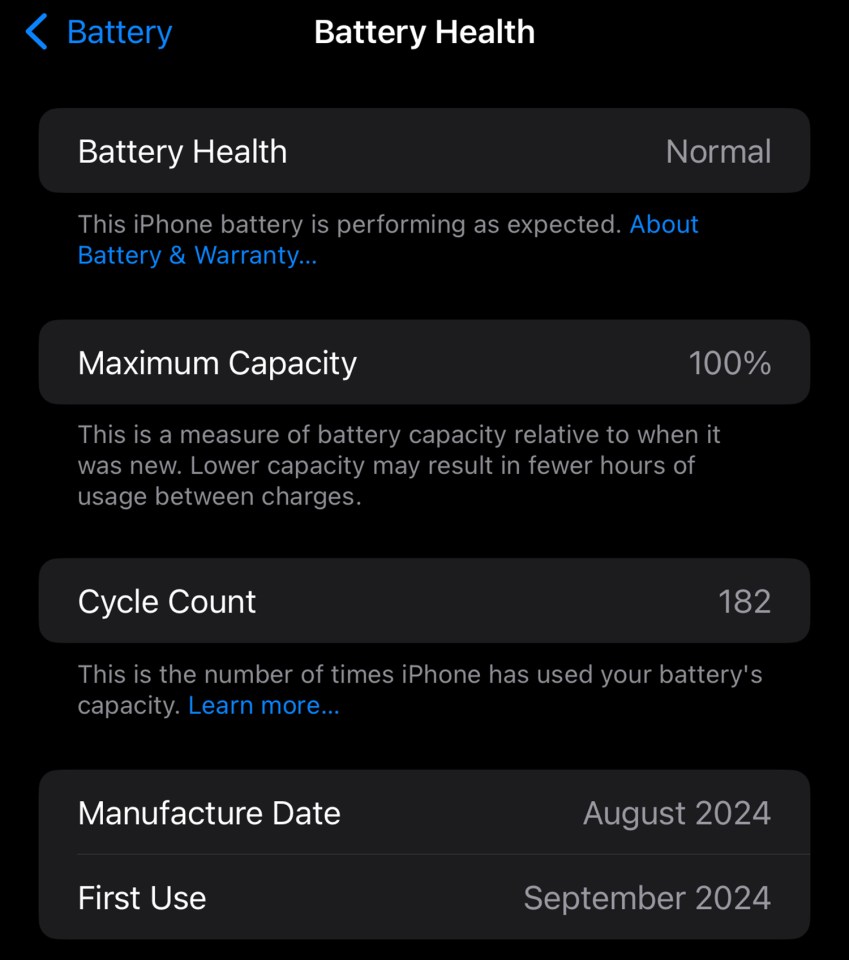 iPhone battery health report: 100% maximum capacity, 182 cycle count.