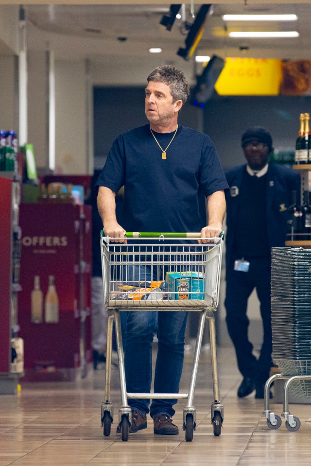 Noel Gallagher grocery shopping with a shopping cart.