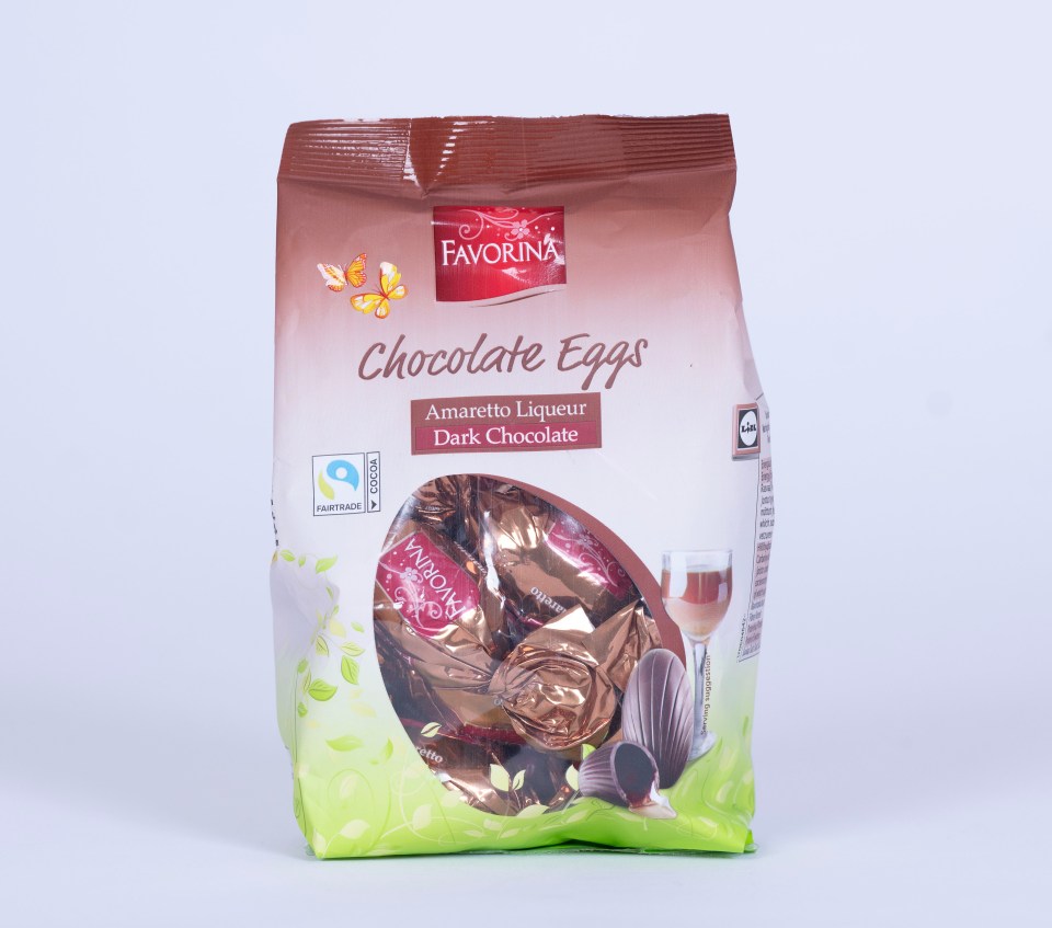 Bag of Favorina Amaretto Liqueur dark chocolate eggs.
