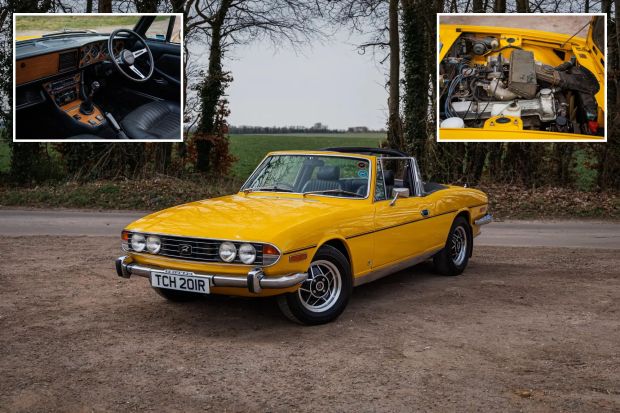 An image collage containing 3 images, Image 1 shows Yellow 1977 Triumph Stag convertible, Image 2 shows Interior of a 1977 Triumph Stag, showing wooden dashboard and black vinyl seats, Image 3 shows Close-up of a 1977 Triumph Stag's engine