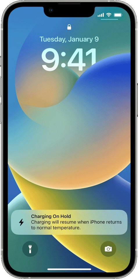 iPhone screen showing charging on hold due to high temperature.