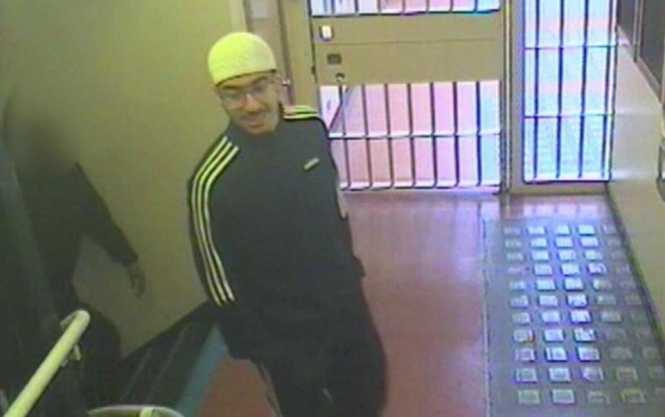 Security camera image of Hashem Abedi in an Adidas tracksuit and glasses.